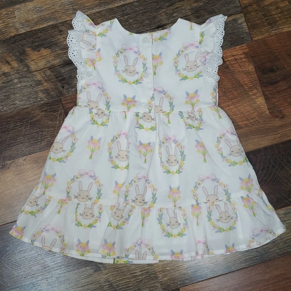 The Children's Place White Floral Bunny Print Sleeveless Dress, Size 9-12 Months